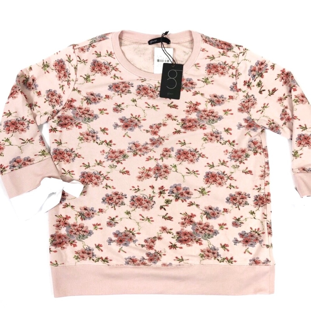 Pink Floral Cottage  Print French Terry Sweatshirt Poplin Cuff Size Medium NWT